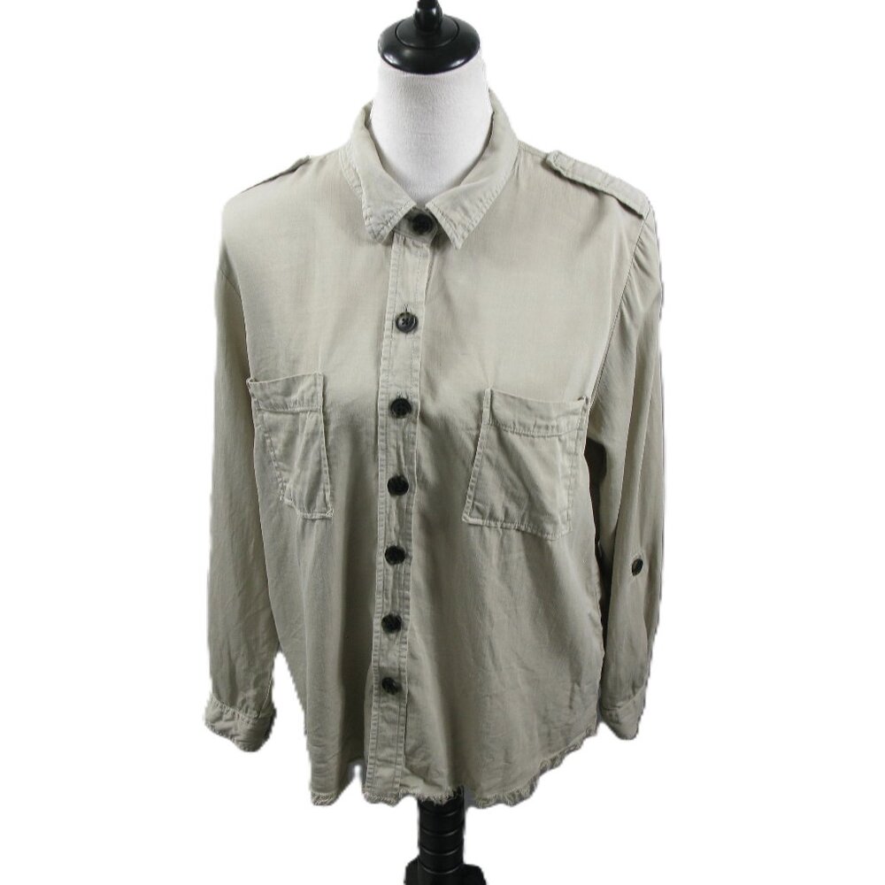 Tribal Jeans Khaki Raw Hem Button Front Shirt Size Large